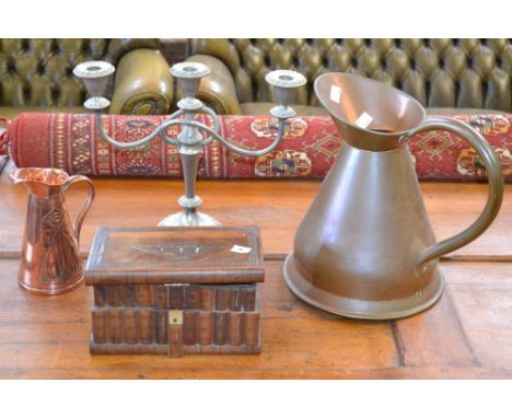 Metalware - a Joseph Sankey and sons Art Nouveau copper jug;  a copper haystack jug;  a candelabrum;  a Jerusalem olive wood 