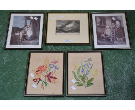 Cries of London, a pair
print, framed, 27cm x 22cm;
Middleton Dale, Derbyshire
print, framed, 12cm x 16cm;
a pair of woven pi