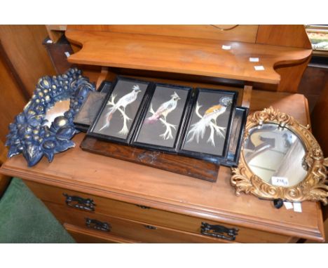 Pictures and Prints- a set of six feather and watercolour panels birds; a pair of hunting prints; a mirror etc. (10) 