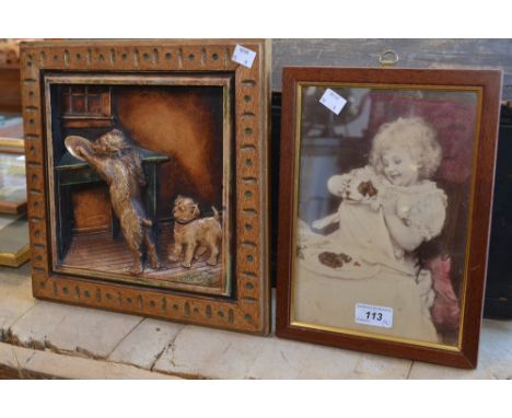 A Victorian dog plaque; a print, Girl with Dog (2)