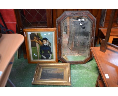 English school, Church from the bank of the pond, oil on canvas; an oak framed canted rectangular wall mirror; a gilt framed 
