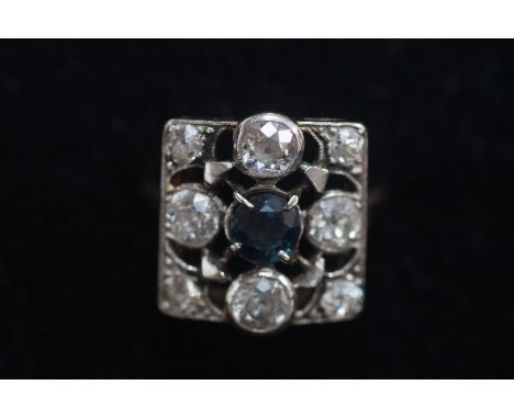 Art deco platinum &amp; diamond ring, 8 diamonds surrounding central sapphire, 4 larger diamonds approx.25 carat each, 4 smal