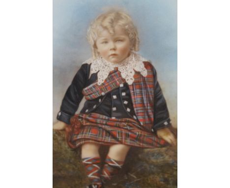 Victorian Watercolour on glass of a child in a Scottish outfit - Frances Wilkinson 1896. 39x29cm without frame