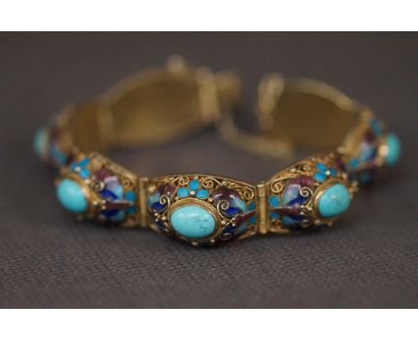 Chinese gilt silver Enamel bracelet with safety chain set with turquoise