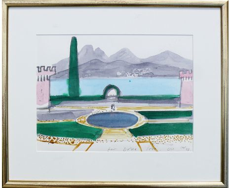 Hockney, David (geb. Bradford 1937)"Am Comer See"; Blick von der Villa Maresi aus über den Park auf den Comer See; Aquarell/P