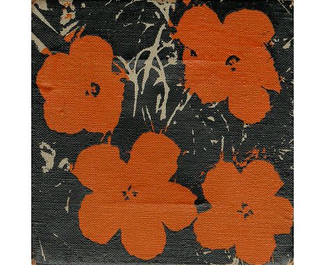 Warhol, Andy (Pittsburgh 1928 - 1987 New York)"Flowers"; 4 orangefarbene Blüten vor Grasbüschel in schwarz/weiß; Acryl/Serigr