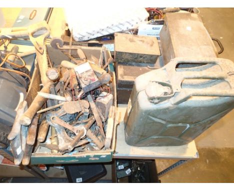 Wooden tool boxes with contents and a box of hand tools and fittings with a jerry can 