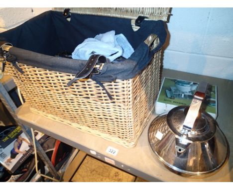 Wicker hamper with collectables including brass, blow torch, iron kettles etc 