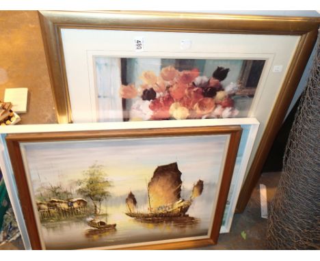 Framed and glazed print and two oil paintings 