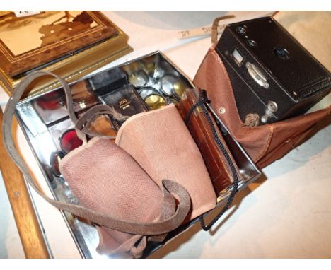 Small box of vintage cameras with plate holders etc 