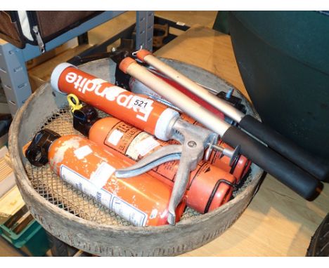 Four small dry powder fire extinguishers, a pair of Wilkinson garden shears and a soil riddle 