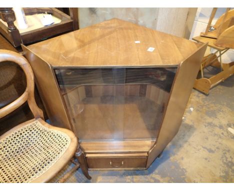 Vintage corner display cabinet with glazed doors and under drawer 