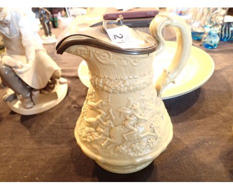 Pewter lidded Ridgway relief moulded hunting jug 
