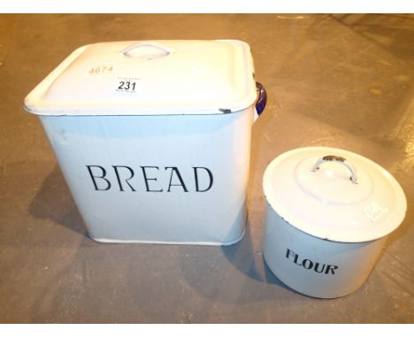 Enamel bread bin and flour pot with lid 
