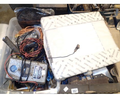 Two boxes of mixed garage tools and a Stelrad radiator 