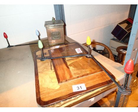Sputnik style wall mounted clothes hanger with wall mirror, tea caddy, and marquetry pictures 