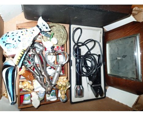 Mixed collectables including thimbles, Grundig microphone, nutcrackers, scout whistle, barometer etc 