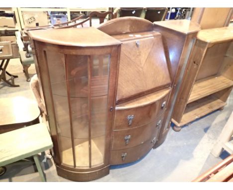 Vintage oak bureau with side display cabinets 