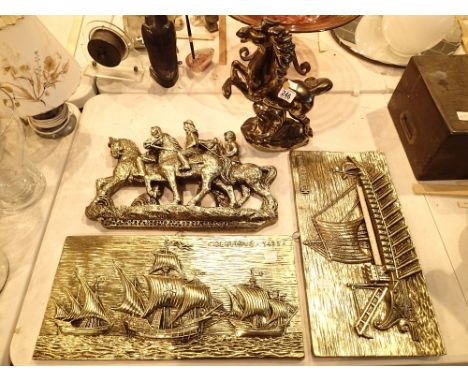 Chalk ware and ceramic plaques with a brass finish of a hunting party and ships plus horses figurines 