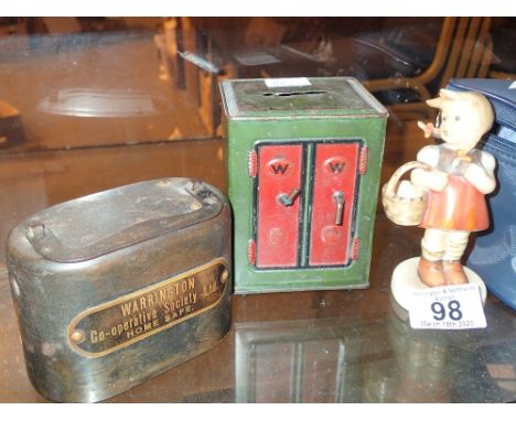 Vintage tin plate safe style money box with Warrington Co-Op money bank, no keys and Hummel figurine 