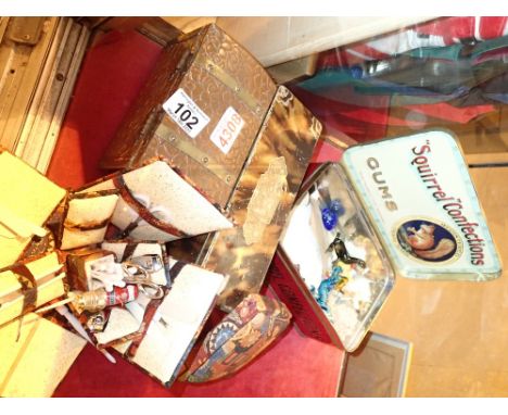 Collectors tins with contents, sewing kit and a tea caddy 