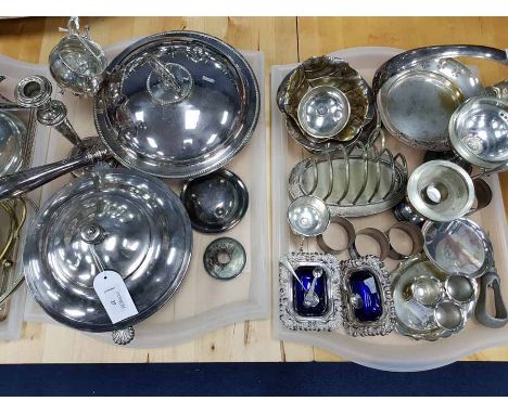 LARGE LOT OF SILVER PLATED OBJECTSincluding an Arts & Crafts comport, silver candlestick, entree dishes, condiments and a toa
