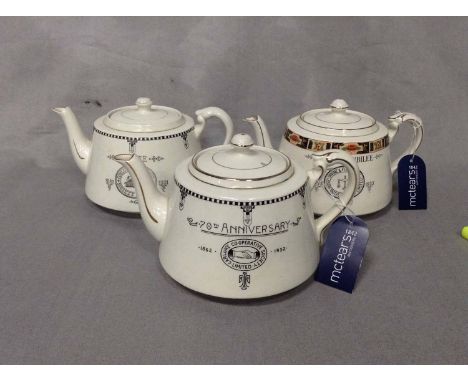 CO-OPERATIVE COMMEMORATIVE TEAPOTScomprising two Jubilee 1881-1931 teapots - Cowlairs, with steam engine design; two Jubilee 