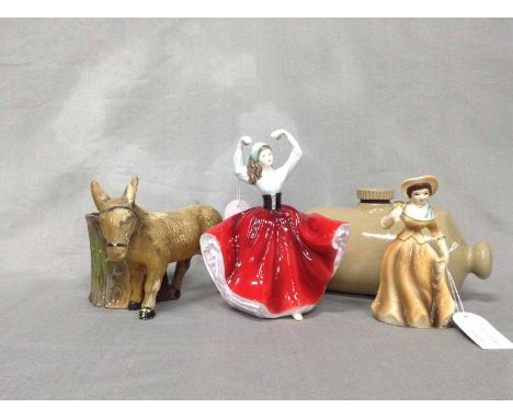 ROYAL DOULTON FIGURE OF KAREN also a stoneware 'pig', novelty tape measure and a plaster planter (4)
