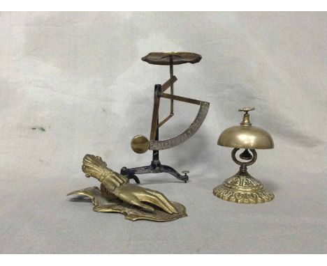 VICTORIAN TABLE BELLalong with a pair of small scales, and a brass clasp in the form of a hand