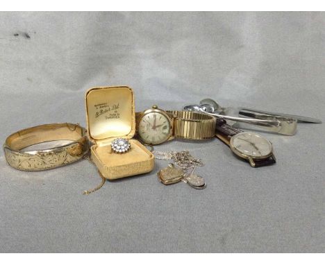 SMALL LOT OF COSTUME JEWELLERYincluding gold set diamond effect cluster ring, locket, plated bangle, chain, two dress watches