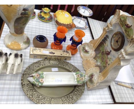 ROYAL DOULTON STONEWARE VESTA BALLalong with a large ceramic mantle clock with plaster and pheasant decoration; a pair of cer