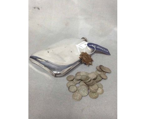 SILVER PLATED HIP FLASK, MILITARY BADGE AND A SELECTION OF THREE PENNY COINS 