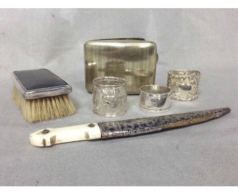 TWO SILVER NAPKIN RINGS AND SILVER BACKED TORTOISESHELL BRUSHtogether with silver plated cigarette case, two silver plated na