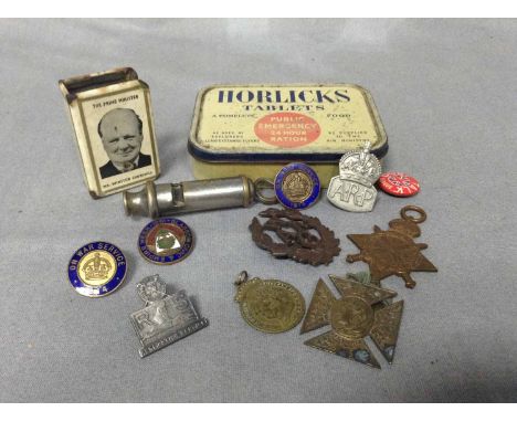 LOT OF MILITARIA AND COLLECTABLESincluding enamel badges, cap badges, 1914-15 medal, tin, etc 