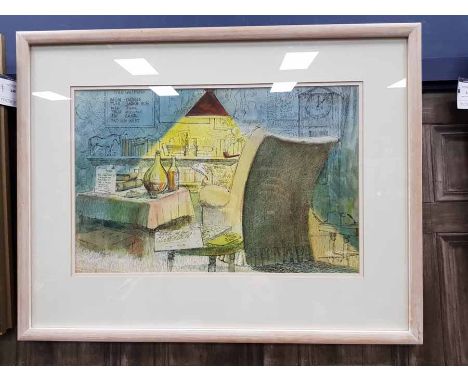 * IAN MCILHENNY,READING BY LAMPLIGHT mixed media on, signed and dated '7233.5cm x 51cmMounted, framed and under glass