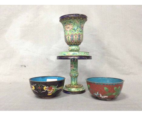 CHINESE CANTON ENAMEL CANDLE STANDmodelled as a large goblet, along with two cloisonne bowls (3) 