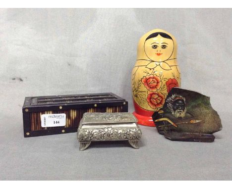 PORCUPINE QUILL BOX also Russian doll, Japanese trinket box and an Aborigine painted panel (4)