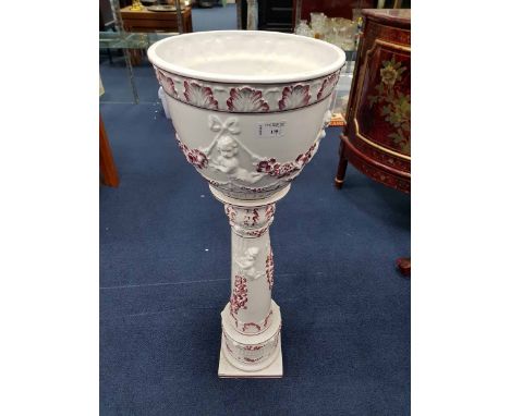 BLUE AND WHITE TABLE LAMP AND A CERAMIC JARDINIERE