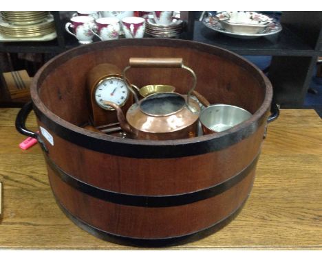 METAL BOUND BARREL PLANTERalong with a modern inlaid clock and oak tie press