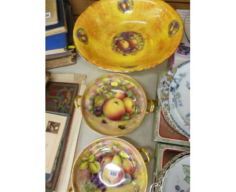 Pair of circular china pedestal fruit bowls with twin gilt handles depicting apples and blackberries on one and pears and bla
