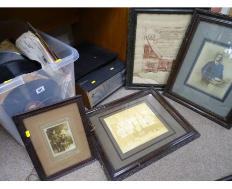 Portadyne record player, large parcel of 78rpm records and four sundry framed old prints