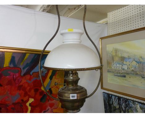 Vintage style brass hanging oil lamp with white glass shade
