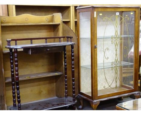 Single door china cabinet, a small three shelf waterfall bookcase, piano stool and a two shelf single drawer whatnot