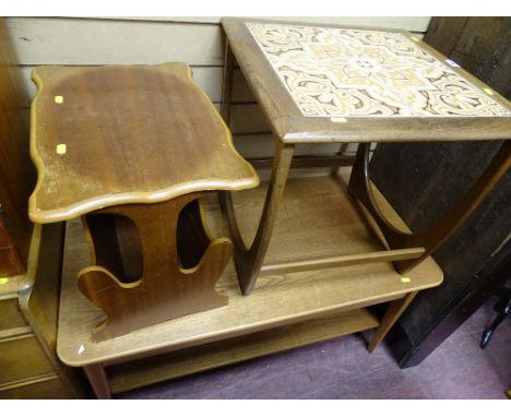 Two tier light oak coffee table, a G-Plan tiled top occasional table and a magazine rack