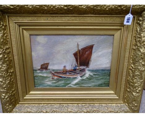 BRITISH SCHOOL oil on canvas - seascape, two figures in a fishing smack in rough seas, 24 x 34.5 cms