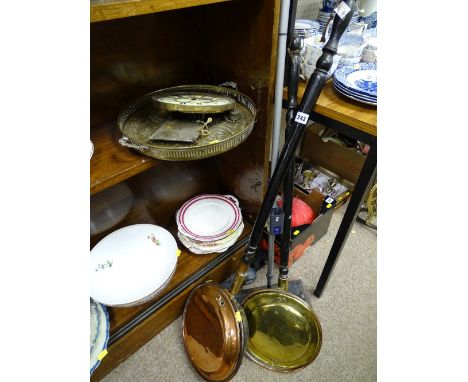 Antique copper warming pan with turned handle, an antique brass and copper warming pan with turned handle, a Vienna wall cloc