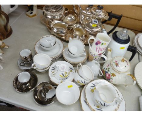 Four piece Viners electroplated tea and coffee service on an oval tray with other smaller non-matching items including a 'Bar