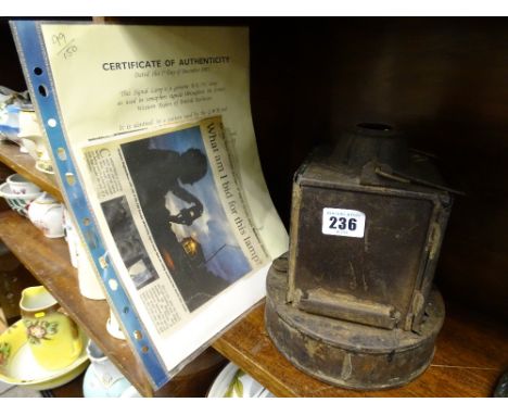 Interesting tinplate British Railways Western lamp with extensive description and paperwork relating to the item