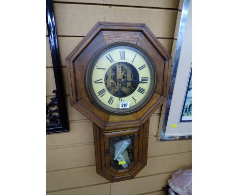 Octagonal framed wooden American pendulum wall clock with purchase receipt 1970s