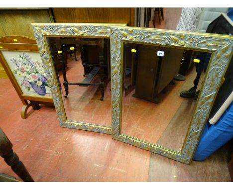 Pair of matching bevelled edge mirrors and a tapestry firescreen